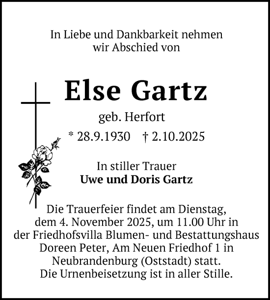 Traueranzeige von Else Gartz von Nordkurier Neubrandenburger Zeitung