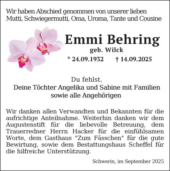 Traueranzeige von Emmi Behring von Zeitung für die Landeshauptstadt