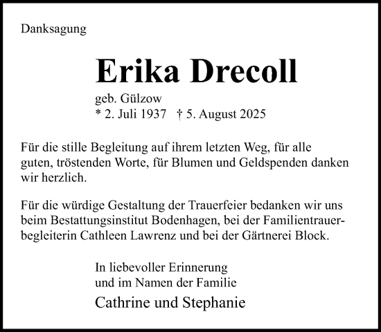 Traueranzeige von Erika Drecoll von Norddeutsche Neueste Nachrichten