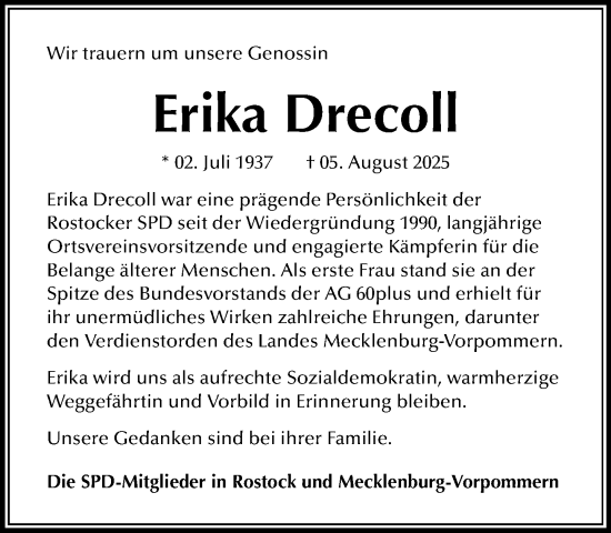 Traueranzeige von Erika Drecoll von Norddeutsche Neueste Nachrichten