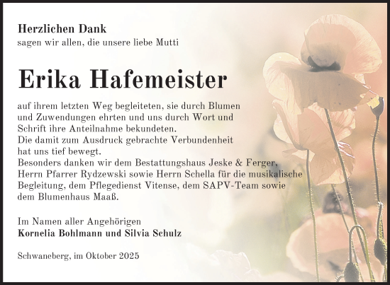 Traueranzeige von Erika Hafemeister von Uckermark Kurier Prenzlauer Zeitung