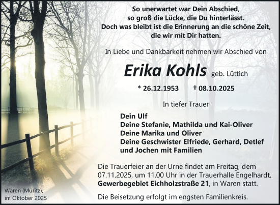 Traueranzeige von Erika Kohls von Nordkurier Müritz-Zeitung