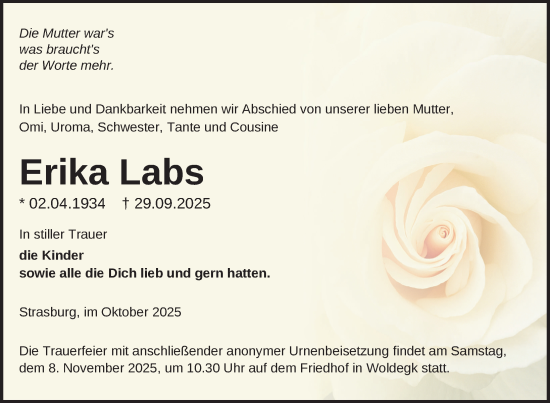 Traueranzeige von Erika Labs von Nordkurier Pasewalker Zeitung