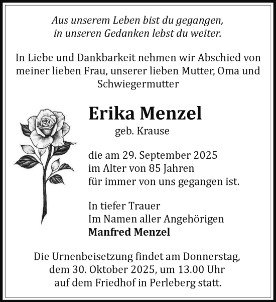 Traueranzeige von Erika Menzel von Der Prignitzer, Prignitz Express