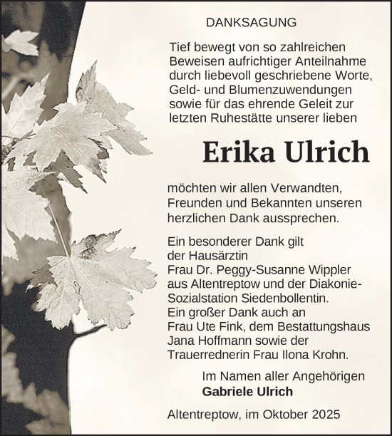 Traueranzeige von Erika Ulrich von Nordkurier Neubrandenburger Zeitung