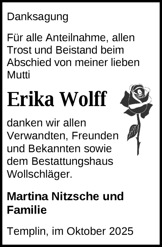 Traueranzeige von Erika Wolff von Uckermark Kurier Templiner Zeitung