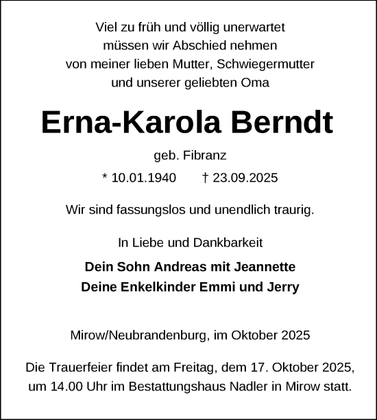 Traueranzeige von Erna-Karola Berndt von Nordkurier Neubrandenburger Zeitung