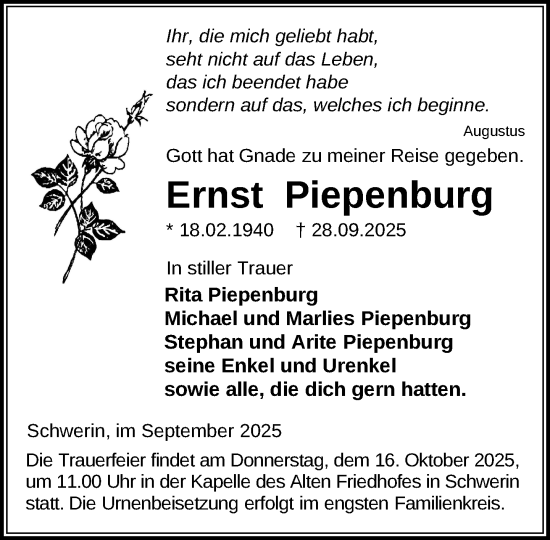 Traueranzeige von Ernst Piepenburg von Zeitung für die Landeshauptstadt