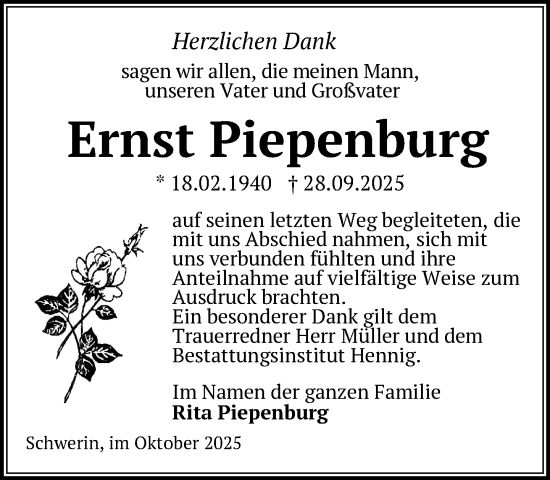 Traueranzeige von Ernst Piepenburg von Zeitung für die Landeshauptstadt