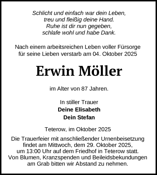 Traueranzeige von Erwin Möller von Nordkurier Mecklenburger Schweiz