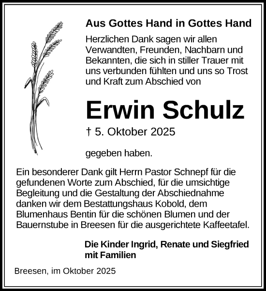 Traueranzeige von Erwin Schulz von Gadebusch - Rehnaer Zeitung