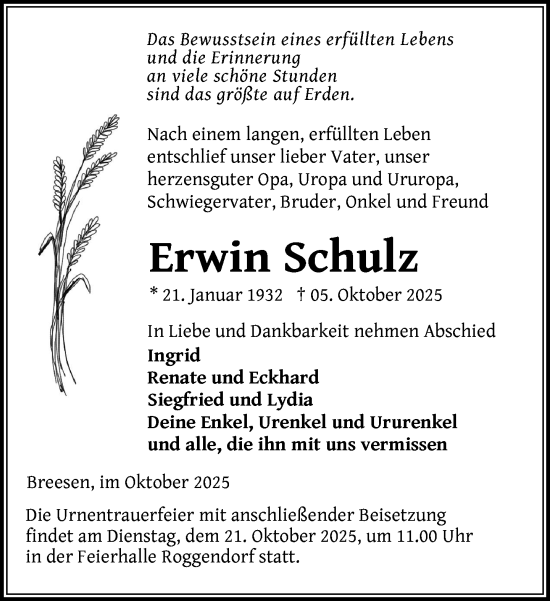 Traueranzeige von Erwin Schulz von Gadebusch - Rehnaer Zeitung