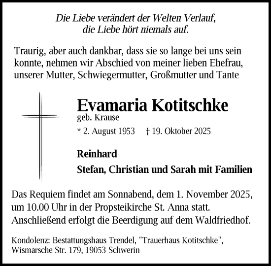 Traueranzeige von Evamaria Kotitschke von Zeitung für die Landeshauptstadt