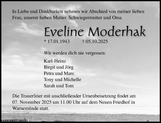 Traueranzeige von Eveline Moderhak von Norddeutsche Neueste Nachrichten