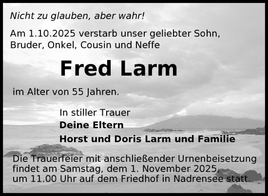 Traueranzeige von Fred Larm von Nordkurier Pasewalker Zeitung