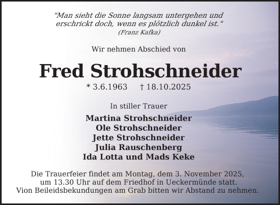 Traueranzeige von Fred Strohschneider von Nordkurier Haff-Zeitung