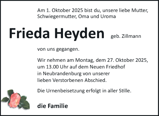 Traueranzeige von Frieda Heyden von Nordkurier Neubrandenburger Zeitung