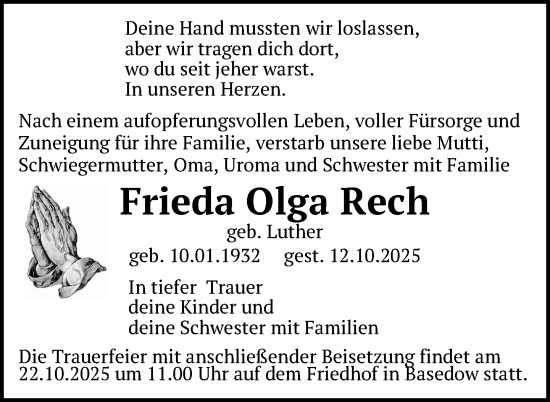 Traueranzeige von Frieda Olga Rech von Nordkurier Mecklenburger Schweiz