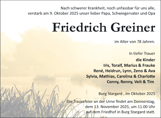 Traueranzeige von Friedrich Greiner von Nordkurier Neubrandenburger Zeitung