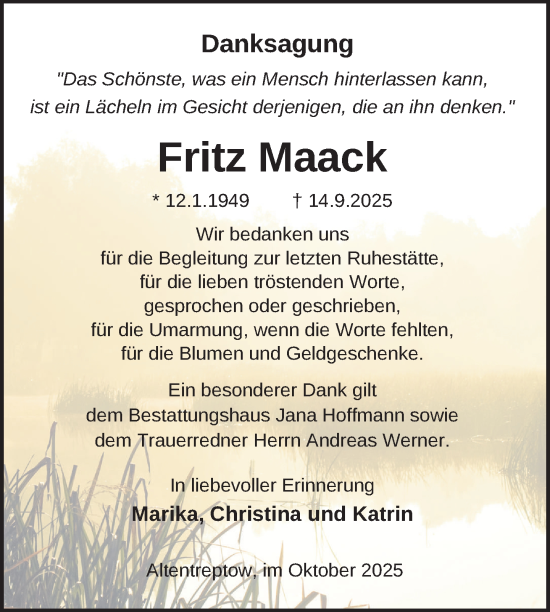 Traueranzeige von Fritz Maack von Nordkurier Neubrandenburger Zeitung