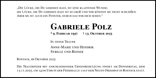 Traueranzeige von Gabriele Polz von Norddeutsche Neueste Nachrichten