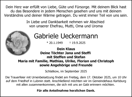 Traueranzeige von Gabriele Ueckermann von Nordkurier Vorpommern Kurier