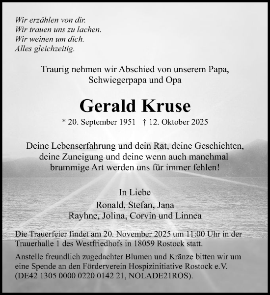 Traueranzeige von Gerald Kruse von Norddeutsche Neueste Nachrichten
