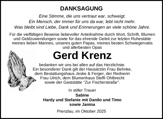 Traueranzeige von Gerd Krenz von Uckermark Kurier Prenzlauer Zeitung