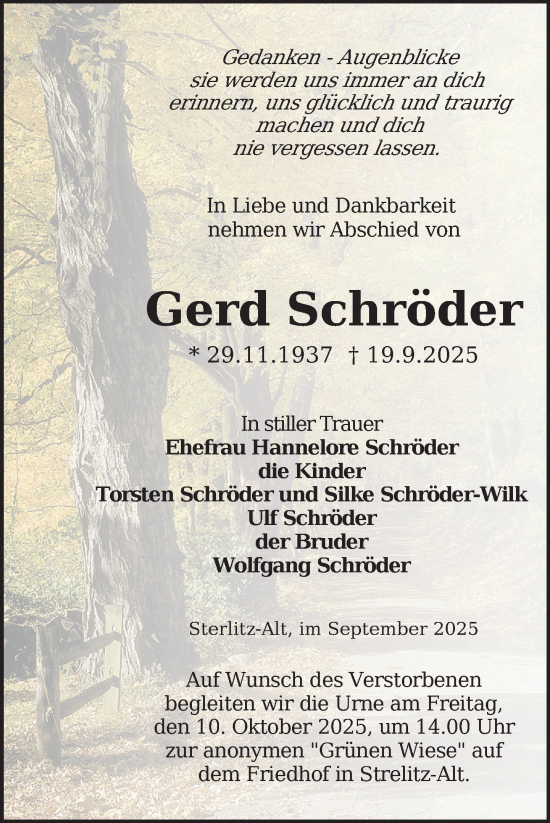 Traueranzeige von Gerd Schröder von Nordkurier Strelitzer Zeitung