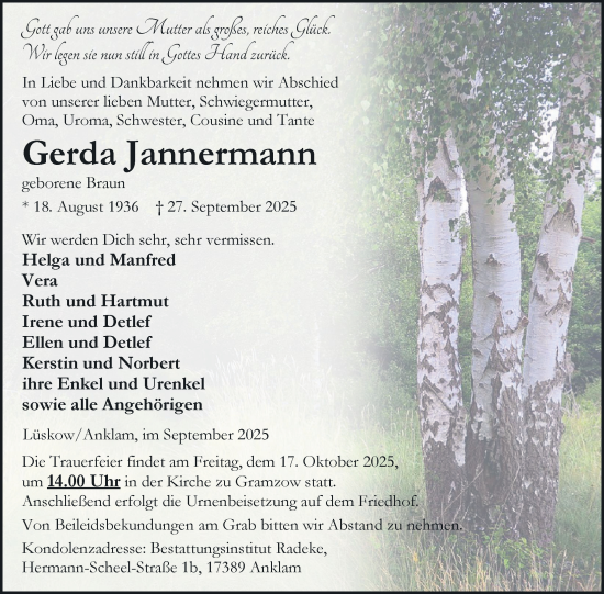 Traueranzeige von Gerda Jannermann von Nordkurier Vorpommern Kurier