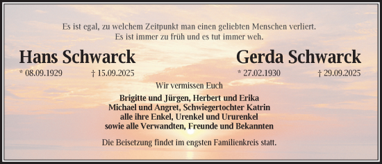 Traueranzeige von Gerda Schwarck von Zeitung für die Landeshauptstadt
