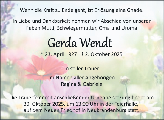 Traueranzeige von Gerda Wendt von Nordkurier Neubrandenburger Zeitung