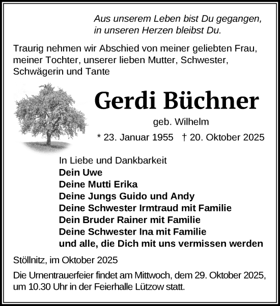 Traueranzeige von Gerdi Büchner von Gadebusch - Rehnaer Zeitung