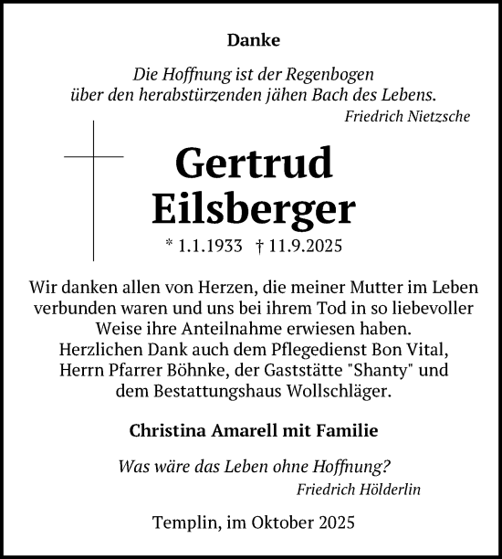 Traueranzeige von Gertrud Eilsberger von Uckermark Kurier Templiner Zeitung