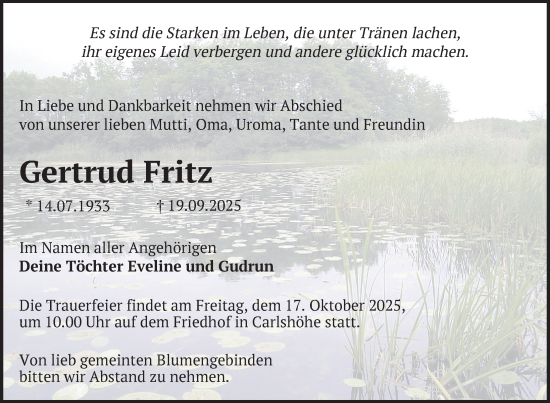 Traueranzeige von Gertrud Fritz von Nordkurier Neubrandenburger Zeitung