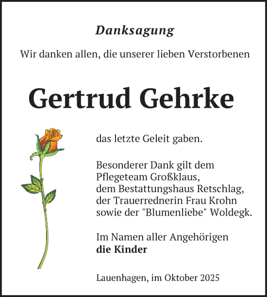 Traueranzeige von Gertrud Gehrke von Nordkurier Pasewalker Zeitung