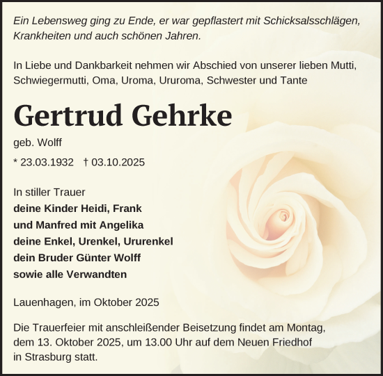 Traueranzeige von Gertrud Gehrke von Nordkurier Pasewalker Zeitung