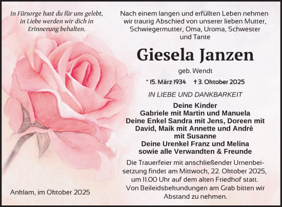 Traueranzeige von Giesela Janzen von Nordkurier Vorpommern Kurier