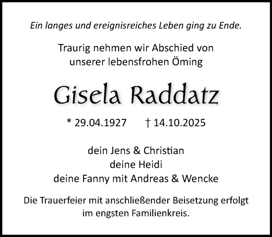 Traueranzeige von Gisela Raddatz von Norddeutsche Neueste Nachrichten