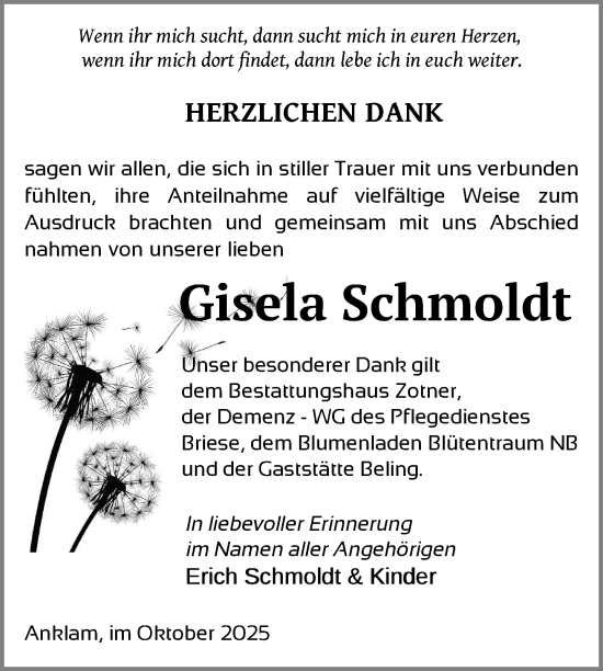 Traueranzeige von Gisela Schmoldt von Nordkurier Vorpommern Kurier