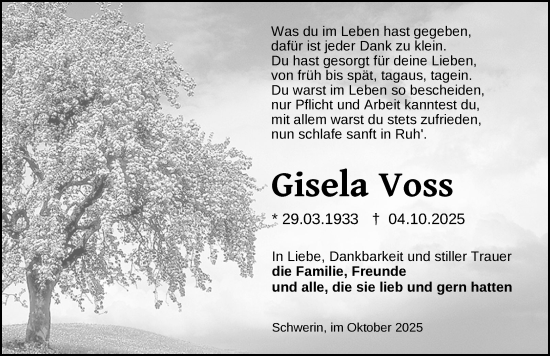 Traueranzeige von Gisela Voss von Zeitung für die Landeshauptstadt