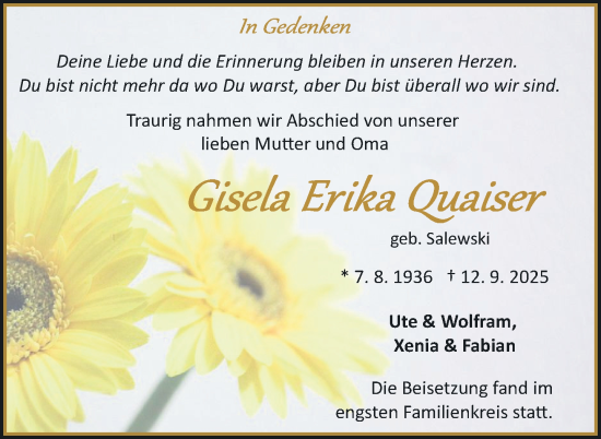 Traueranzeige von Gisela Erika Quaiser von Nordkurier Neubrandenburger Zeitung