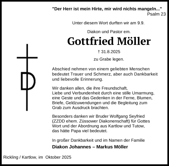 Traueranzeige von Gottfried Möller von Nordkurier Vorpommern Kurier