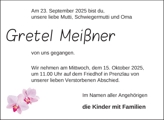 Traueranzeige von Gretel Meißner von Uckermark Kurier Prenzlauer Zeitung