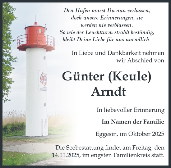 Traueranzeige von Günter Arndt von Nordkurier Haff-Zeitung