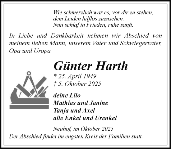 Traueranzeige von Günter Harth von Hagenower Kreisblatt
