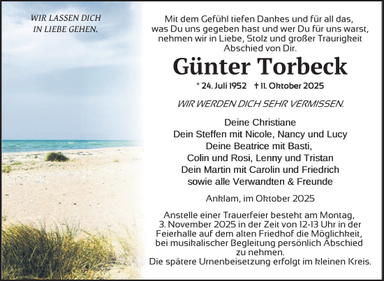 Traueranzeige von Günter Torbeck von Nordkurier Vorpommern Kurier