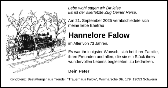 Traueranzeige von Hannelore Falow von Zeitung für die Landeshauptstadt