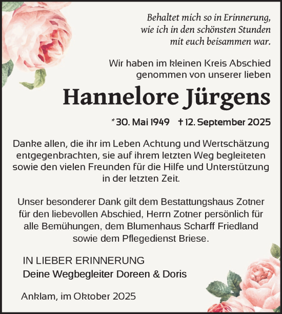 Traueranzeige von Hannelore Jürgens von Nordkurier Vorpommern Kurier