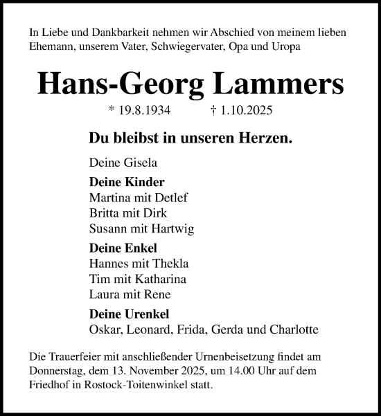Traueranzeige von Hans-Georg Lammers von Norddeutsche Neueste Nachrichten